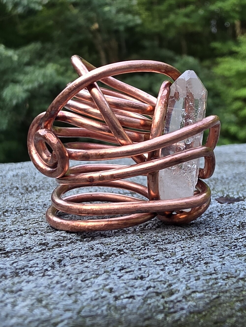 Handcrafted Handwrapped Copper Wire Wrapped Ring with Clear Quartz Crystal - Picture 4 of 15